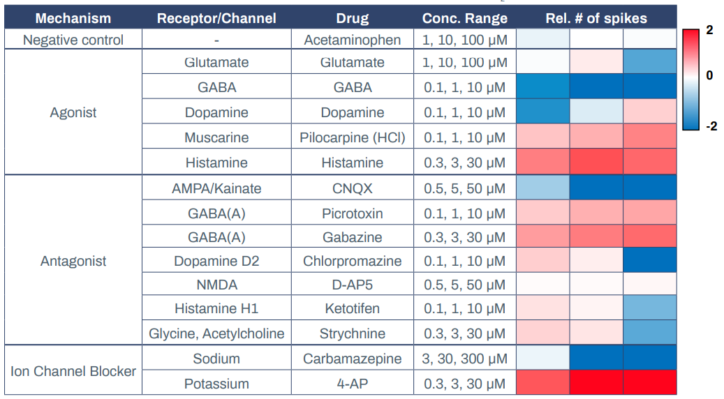 Table of drug responses of excitatory neurons