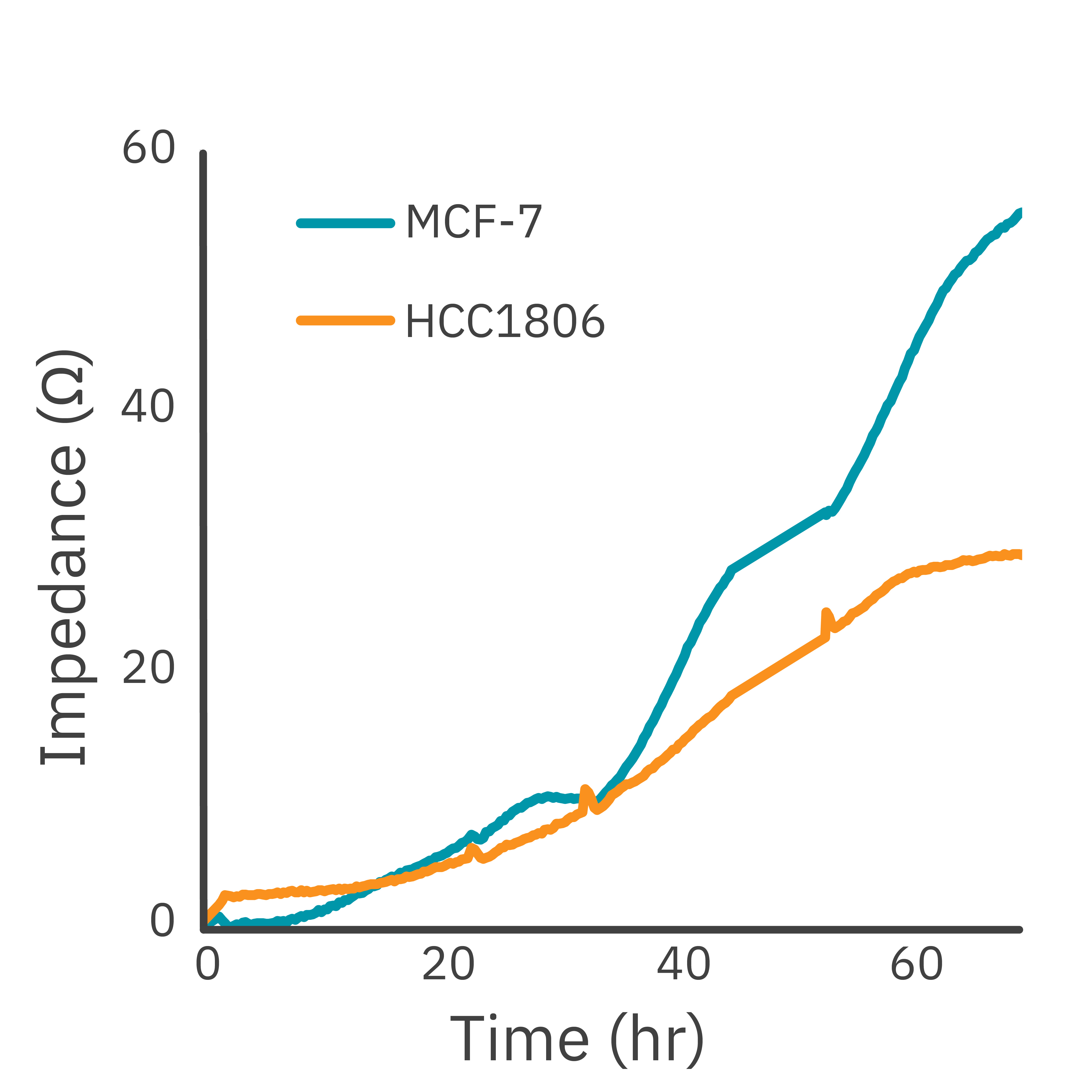 Two breast cancer cell lines were continuously monitored pre- and post-scratch induction; the impedance of HCC1806 cells nearly recovered to unscratched levels, whereas MCF-7 cells normalized impedance remained consistently low. 