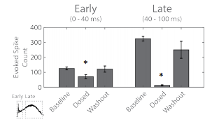 Evoked spike count at early vs late timepoint for baseline, dosed and washout conditions