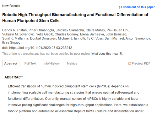 2020 Biorx publications on high throughput manufacturing of human pluripotent stem cells